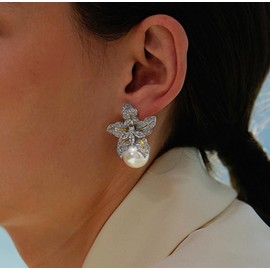 Tuwiqsdi 925 Sterling Silver Pearl Lily Flower Dangle Stud Earrings Classic Shiny CZ Crystal Diamond Flower Pearl Two-Tone Stud Dangle Wedding Earrings for Women