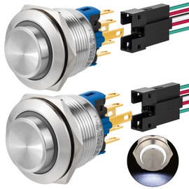 22mm Push Button Switch Momentary Latching High Round Waterproof IP67 On Off Stainless Steel 304 with 12V, 24V LED for 7/8" with Wire 2PCS (White, Momentary,12V)