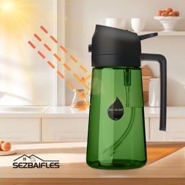 Sezbaifles 2 in 1 Oil Sprayer for Cooking, Olive Oil Dispenser Bottle for Kitchen Spray and Pour, 16oz/470ml Light-Blocking Dark Green Glass Bottle, Food-Grade Oil Mister for Air Fryer Green Cap