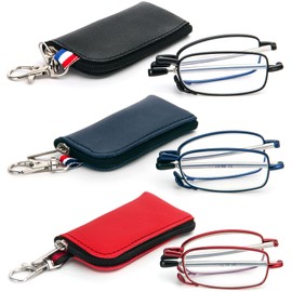 3 Pack Folding Reading Glasses with Keychain Compact Bags Women Men Blue Light Blocking Spring Hinge Portable Pocket Readers,Black Blue and Red 0.5