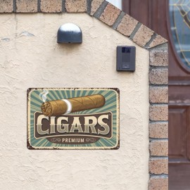 Cigars Shop Vintage Tin Sign, 8X12 Inch Retro Metal Wall Decor for Man Cave, Bar, or Smoking Room, Classic Cigar Theme Wall Art with Rustic Aesthetic