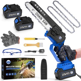 DEPNCYC Mini Chainsaw 8-inch Cordless Portable Chainsaw, Hand Held Power Chain Saw with 2 Batteries, Garden Tools for Tree Trimming Wood Cutting, Gifts for Dad, Husband (8-inch-2 Batteries-Blue)