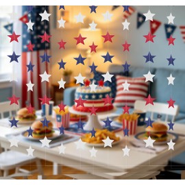 8 Pack Strands Total 52.5Ft Patriotic Star Streamers Banner- Paper Garland Banner Red White Blue Hanging Stars Decorations for 4th of July, Memorial Day, Veterans Day Party, Independence Day