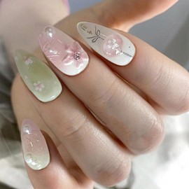 Almond Press on Nails Medium Fake Nails with Pink Flowers Design Pearl Charms False Nails Pink Flower Glue on Nails Spring Green Artificial Stick on Nails for Women Girls Manicure Accessories 24Pcs
