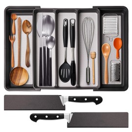 Silverware Drawer Organizer, Expandable Drawer Organizers, BPA Free Flatware and Cutlery Tray, Adjustable Plastic Storage with Anti-Slip Linner inside for Spoons Forks Knives with 2 Knife Guards, Grey