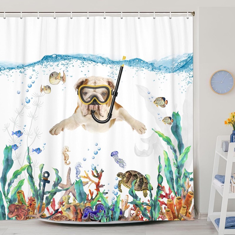 Funny Bulldog Dog Fabric Shower Curtain, Tropical Fish Coral Octopus
