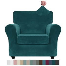 ZNSAYOTX Luxury Velvet Chair Slipcovers with Arms 2 Piece Stretch Chair Covers for Living Room Soft Armchair Slipcover Anti Slip Dog Pet Friendly Furniture Protector (Deep Teal),30"-47"(1 Cushion)