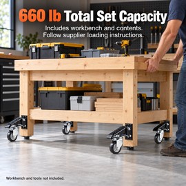 Retractable Workbench Casters, Set of 4 – 660 lb Total Capacity, 2.5-Inch PU Swivel Wheels with Foot Lift Pedals