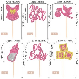 30 piezas de adornos de cupcakes de Oh Baby con purpurina It's a Girl para magdalenas, vestido con lazo, biberón de bebé, decoración de tartas para revelar el género, baby shower, suministros para fiestas de cumpleaños, color rosa