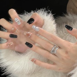 Pure Handmade Nails Press on Nail Reusable Fake Nails Black&Silver RhineStones Bling Bling Medium Stick on Nails French Tip False Nails 10pcs (S, Q310 NAILS)