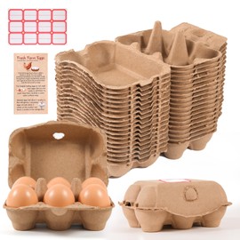 40 Pack Half Dozen Egg Cartons Bulk 6 Count, Empty Natural Paper Pulp Egg Cartons Reusable, Strong Sturdy Design Made from Natural Cardboard.