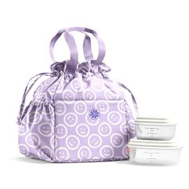 Fit & Fresh Cromwell Drawstring Lunch Bag for Women, Complete Lunch Set with 2 Containers, Stain-Resistant, Leak-Resistant, Back to School Essential, Teacher Lunchbox, All Smiles Lavender
