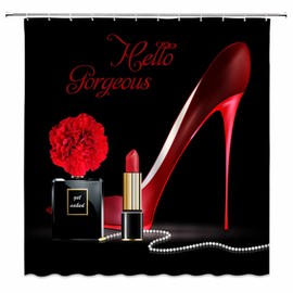 VPUPCN Red High Heel Shower Curtain Hello Gorgeous Black Perfume Flower Lipstick Fashion Makeup Romantic Woman Girls Polyester Curtains Bathroom Decor with Hooks 70" Wx70 H
