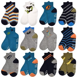LIFPAU Toddler Socks with Grips Boys Girls Non Slip Anti Skid Crew Socks 12 Pairs Baby Kids Children Cartoon Pattern(01 Boys,6-12Months)
