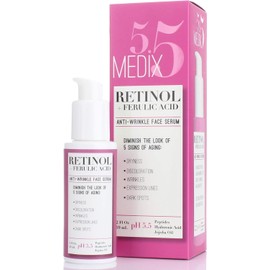 Medix 5.5 Retinol Cream & Retinol Serum two-piece set. Anti-aging retinol set w/ferulic acid for wrinkles, fine lines, expression lines, dark spots. Contains 2oz serum & 15oz cream for face & body