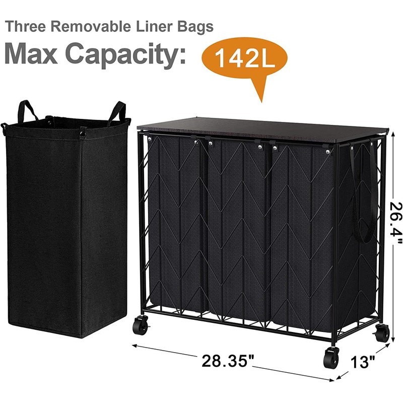 WOWLIVE Laundry Basket with Wheels, 142L Hamper 3 Section with