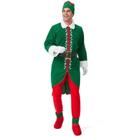 Wabolay Elf Costume Men Christmas Elves Costumes Adult 6PCS Deluxe Mens Santa Helper Cosplay Outfit Xmas Holiday Suit Set