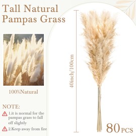Tigeen 80 Stems Natural Dried Pampas Grass Decor, Large Pampas Grass for Tall Floor Vase, Natural Beige Pompas, Dried Flower Bouquet for Wedding, Party, Farmhouse, Boho Home Decor, 40 Inch