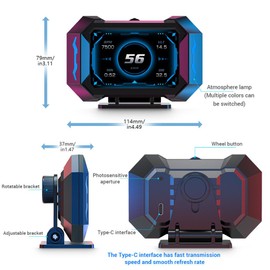 OTPerformance OTP-P25 OBD2 Car HUD Head Up Display Display Tachometer Multi-Function Digital OBDII GPS Speedometer Car Speed MPH Altitude Driving Direction Slope Meter Universal All