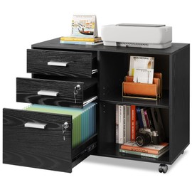 DEVAISE 3-Drawer Wood File Cabinet with Lock, Mobile Lateral Filing Cabinet, Printer Stand with Open Storage Shelves for Home Office, Black