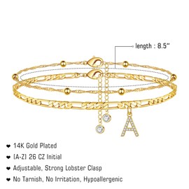 TINGN Anklets for Women, Silver 14k Gold-Plated Anklet for Women Anklet with A-Z Letters Double Anklet Adjustable Gift for Summer Daughter Friend Sister Gift, Brass