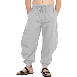 perdontoo Mens Casual Cotton Linen Pant Elastic Waist Drawstring Yoga Jogger Pants (Large, Grey)