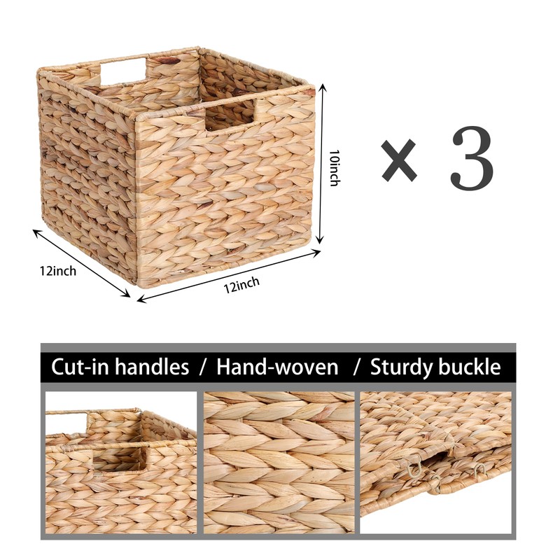12x12x10in Water Hyacinth Storage Basket Large, Folding Cube Woven Wicker