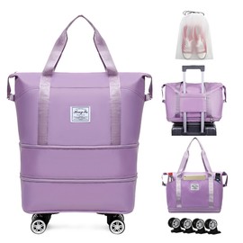JueiXeoy Duffel Bag with Wheels Rolling Duffle Bag Foldable Travel Bag Expandable Carry on Luggage Bag Large Tote Weekender Bags Purple