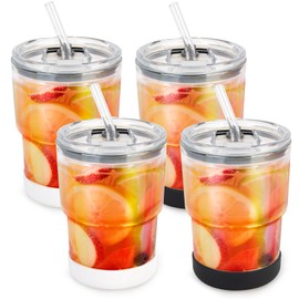 Luxgola 13 oz Glass Water Tumbler with Straw and Lid, 4 Pack Glass Water Cup With Silicone Bumper, Sealed Carry-On Thick Wall Drinking Cups for Iced Coffee, Tea, Fruit Juice (Aurora-2 White,2 Black)