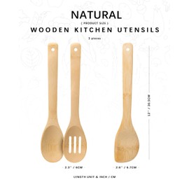 Hefild Wooden Spoons for Cooking, 3PCS Wooden Utensil Set Includes Slotted Spoon, Wooden Spoon & Wooden Spatula, Natural Bamboo Utensils for Non-Stick Pans, Bamboo Cooking Utensils