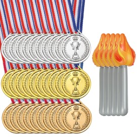 PATIKIL Winner Award Medals Sets - 30 Pcs 1.5 Inch Small Plastic Gold Silver Bronze Award Medals with Trophy Shape 5 Pcs Inflatable Torch Props for Team Sports Competitions