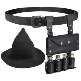 EpicCos 3PCs Witch Hat Alchemy Belt Pouch with 4 Cork Potion Vials, Fantasy Renaissance Wizard Belt Accessories for Ren Faire (Black A)