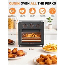 OUNIN Air Fryer Toaster Oven with Steam Infusion, 12 QT Compact Countertop Oven, 6-in-1 Stainless Steel Combo Bakes, Broils, Grills & Warms, Fast Preheat, 60-Minute Timer – Small Kitchen Friendly