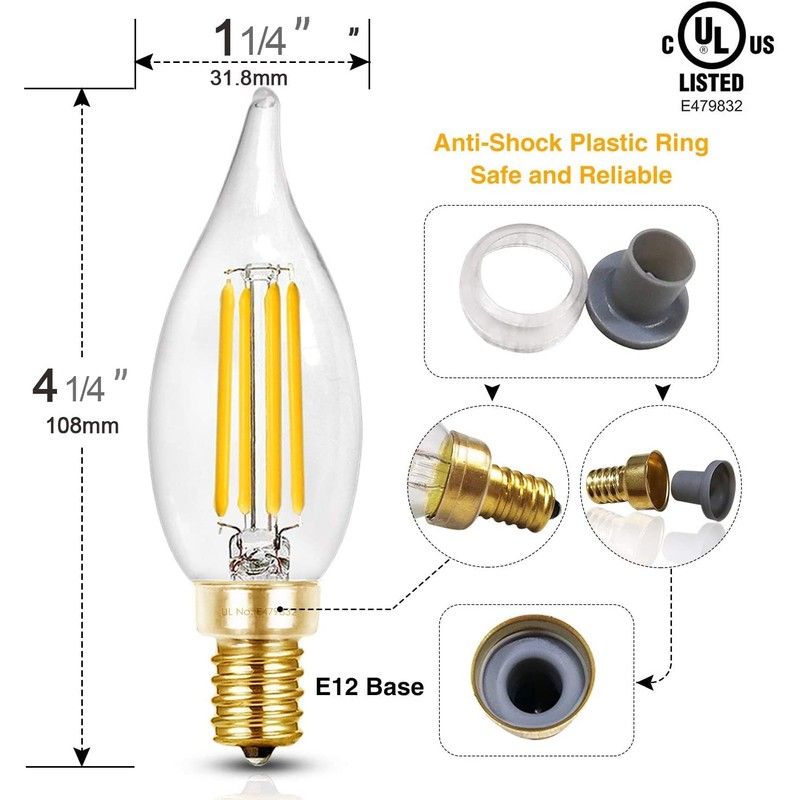 LED BULB E12 Filament, 6W, Dimmable 4000k,5000K (Flame Tip)
