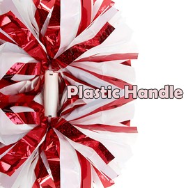 Hooshing 2 Pack Cheerleading Pom Poms Holographic Red and White with Baton Handle for Team Spirit Sports Dance Cheering Kids Adults