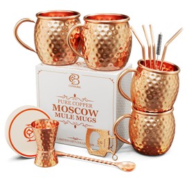 COPPER-BAR Moscow Mule Copper Mugs - Unique HANDCREFTED Gift Set of 4, Hammered by Artisan, 100% Pure Solid Copper Cups 16oz for Drinking Water & Cocktails, Include 18 Pcs accessories & Special Opener