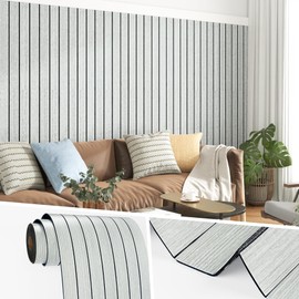 Wallercity White/Gray Self Adhesive Wood Slat Wall Paneling 3D Panels for Wall Decor Soundproof Peel and Stick Wooden Panels for Bedroom Kitchen 11.8''x197'' Vinyl Waterproof Faux Wood Fence Wallpaper