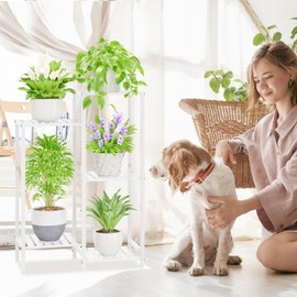 iDavosic.ly 5 Tier Indoor Plant Stand with Wheels, 11 Inch Wide Metal Plant Shelf Outdoor for Large Plants, 33 Inch Tall Corner Heavy Duty Flower Rack for Patio Garden Window Balcony, White