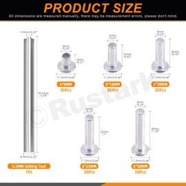 Rustark 151Pcs 5 Sizes M6 Aluminum Flat Head Semi Tubular Rivets Assortment Kit with Punch, Partial Hole Tubular Rivets Round Flat Head Semi Tubular Rivet Silver Tone for Household Industry Repairing