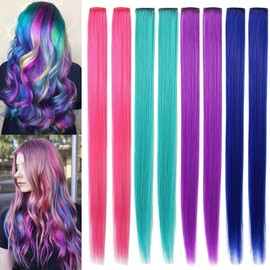 Rhyme Colored Hair Extensions Clip in For Women Hair Accessories Wig Hairpieces birthday Cosplay Hairstyles 8 Pieces (Pink Purple Blue Teal)