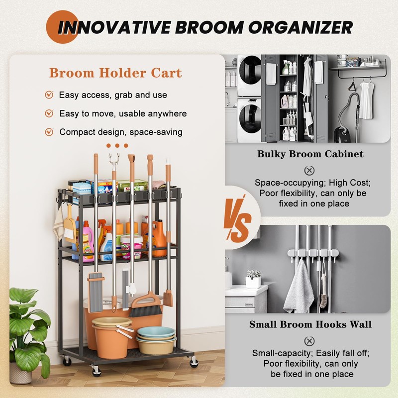 Broom Holder with Cleaning Supplies Organizer, Broom Closet Storage Cabinet