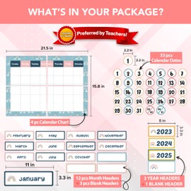 Decorably 148 Pcs Cutouts Boho Rainbow Themed Kindergarten Calendar for Classroom Bulletin Board Set, Teaching Calendar for Classroom, School Decoration