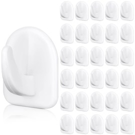 Queekay 30 Pieces Adhesive Wall Hooks for Hanging, Reusable Seamless Hooks Small Acrylic Sticky Hangers with Non Marking Sticker for Kitchen Bathroom Bedroom Office (White)