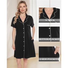 Vlazom Women's Nightgowns Short Sleeve Cotton Sleep Shirts Nightshirt V Neck Button Down Pajama Sleepwear Black Size X-Large