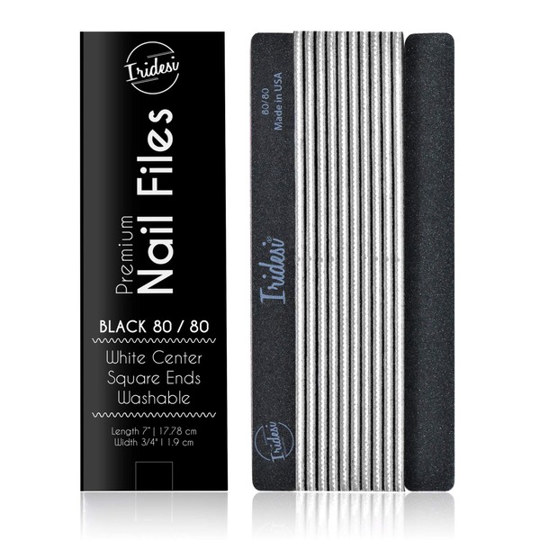 Professional Nail Files Black Washable Emery Boards 7 Inches Long Square End Serrated Edge 12 Fingernail Files Per Pack (80/80)