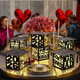 6 Pcs Graduation Table Centerpieces Boxes Class of 2026 Black Square Graduation Paper Lanterns with String Lights Hollow Out for Congrats Grad School College Table Decorations Grad Party Photo Props