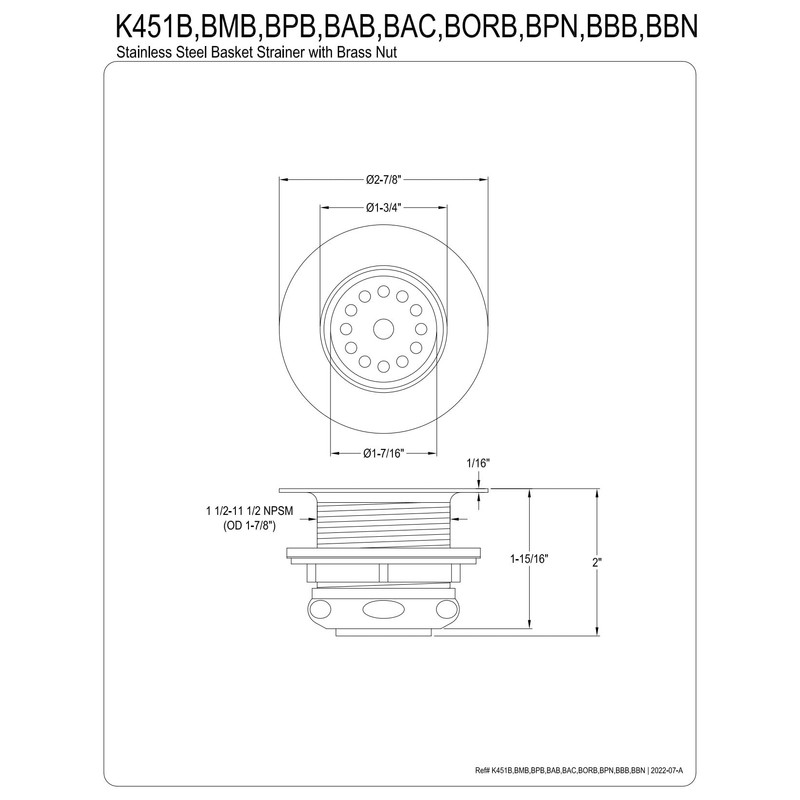 Kingston Brass K451BBB Portland Stainless Steel Bar Sink Basket Strainer,