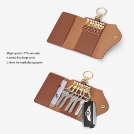 GOLF SUPAGS Women PVC Leather Car Key Chain Card Holder Wallet Pouch 6 Hook Snap Closure keys Money Organizer Case (Brown×White, style-2)