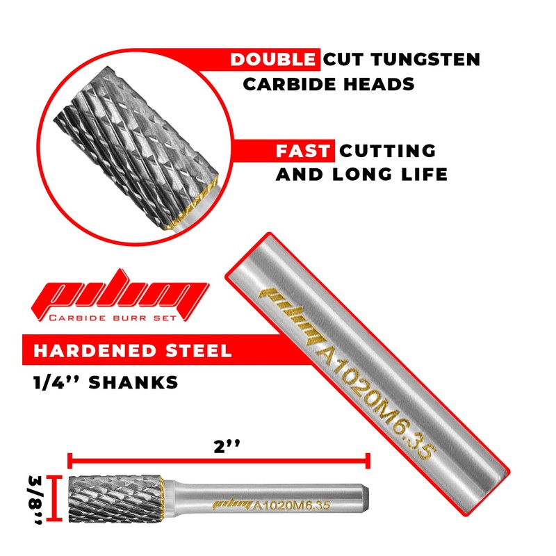 Tungsten Carbide Burr Set 1/4" Shank 10PC Double Cut Rotary