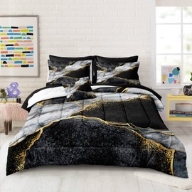 Merryword Black Marble Comforter Set King Size 8 Pieces Bed in a Bag Gold Metallic Marble Design Bedding with 1 Comforter, 4 Pillowcase, 1 Flat Sheet, 1 Fitted Sheet, 1 Cushion Cover